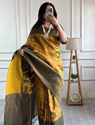 yellow green silk blend banarasi saree with unstitched blouse piece 1