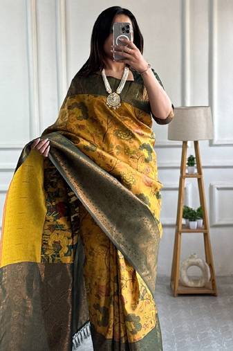 yellow green  soft art silk blend banarasi jacuard work designer party wear saree with unstitched blouse piece