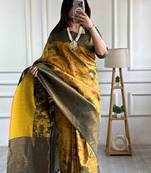 yellow green silk blend banarasi saree with unstitched blouse piece