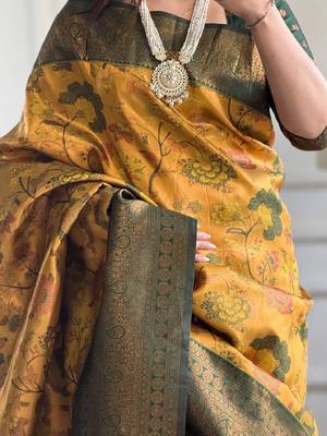 yellow green silk blend banarasi saree with unstitched blouse piece 3