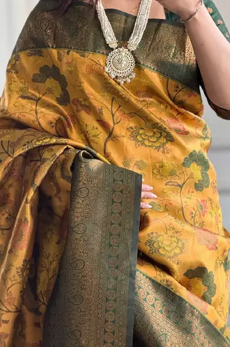 yellow green silk blend banarasi saree with unstitched blouse piece