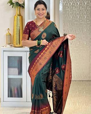 green maroon silk blend banarasi saree with unstitched blouse piece 3