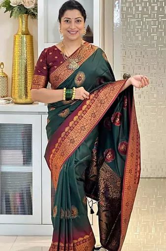 green maroon silk blend banarasi saree with unstitched blouse piece