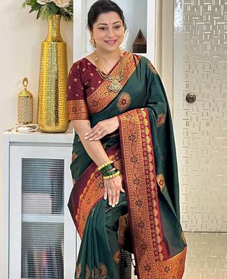 green maroon silk blend banarasi saree with unstitched blouse piece 1