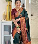 green maroon silk blend banarasi saree with unstitched blouse piece