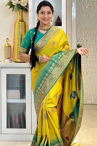 lemon rama silk blend banarasi saree with unstitched blouse piece
