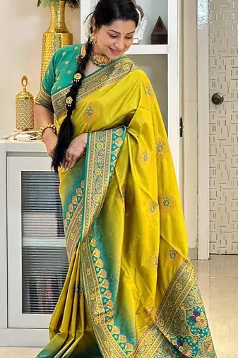 lemon rama silk blend banarasi saree with unstitched blouse piece