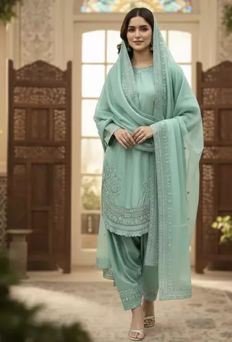 Tiffany Blue Palazzo Soft Fabric Kurti With Palazzo
