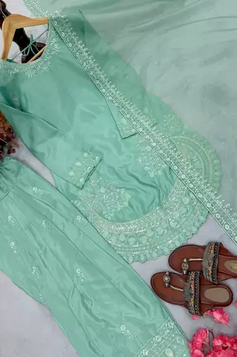 Tiffany Blue Palazzo Soft Fabric Kurti With Palazzo