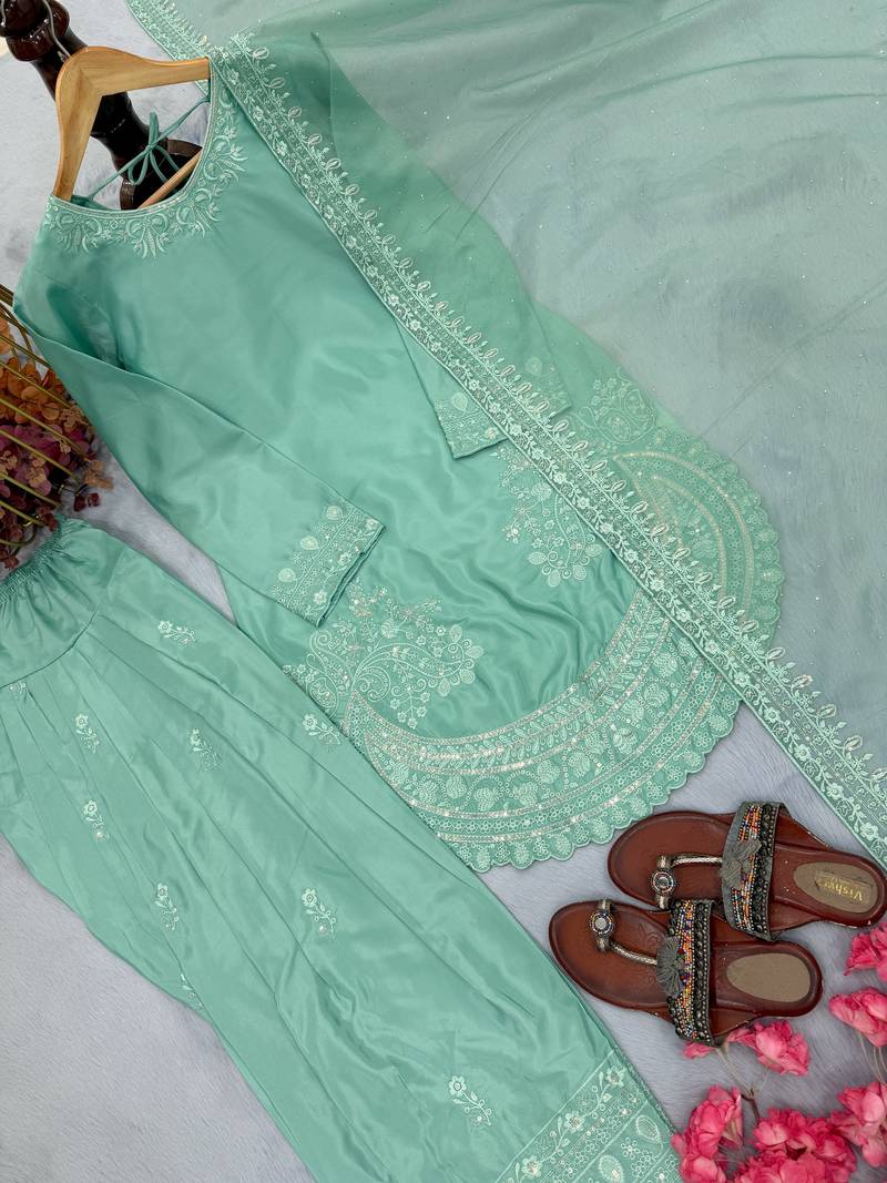 Tiffany Blue Palazzo Soft Fabric Kurti With Palazzo