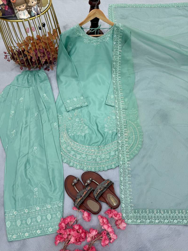 Tiffany Blue Palazzo Soft Fabric Kurti With Palazzo