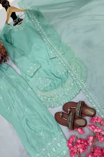 Tiffany Blue Palazzo Soft Fabric Kurti With Palazzo