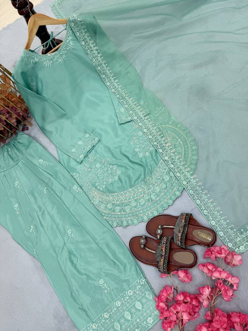 Tiffany Blue Palazzo Soft Fabric Kurti With Palazzo