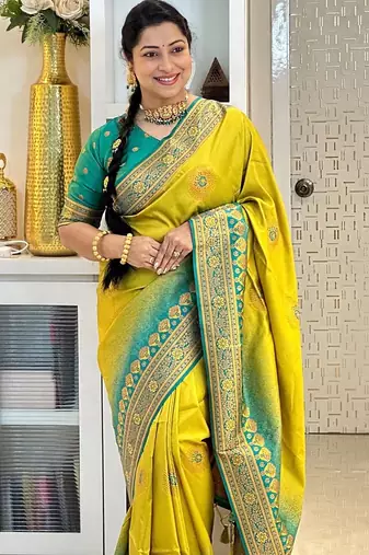 lemon rama silk blend banarasi saree with unstitched blouse piece