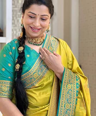 lemon rama silk blend banarasi saree with unstitched blouse piece 1