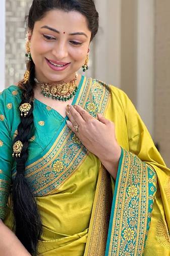 lemon rama  soft art silk blend banarasi jacuard work designer party wear saree with unstitched blouse piece