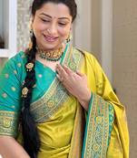 lemon rama  soft art silk blend banarasi jacuard work designer party wear saree with unstitched blouse piece