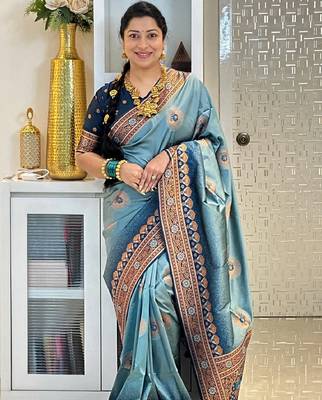 sky blue silk blend banarasi saree with unstitched blouse piece 2