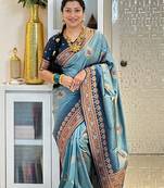 sky blue  soft art silk blend banarasi jacuard work designer party wear saree with unstitched blouse piece