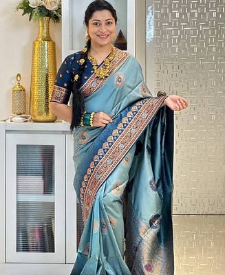 sky blue silk blend banarasi saree with unstitched blouse piece 3