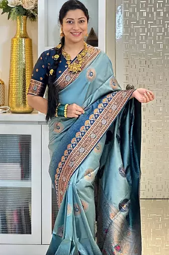 sky blue  soft art silk blend banarasi jacuard work designer party wear saree with unstitched blouse piece