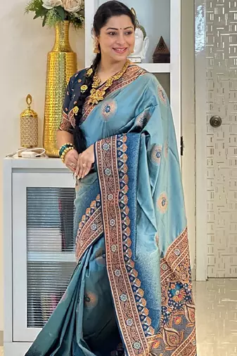 sky blue  soft art silk blend banarasi jacuard work designer party wear saree with unstitched blouse piece