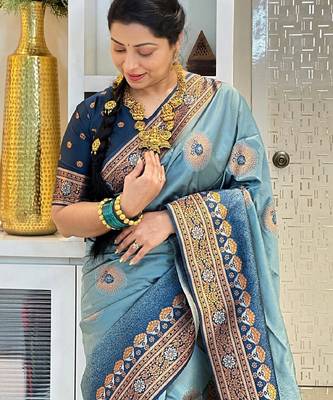 sky blue silk blend banarasi saree with unstitched blouse piece 1