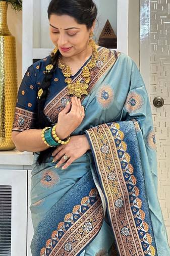 sky blue  soft art silk blend banarasi jacuard work designer party wear saree with unstitched blouse piece