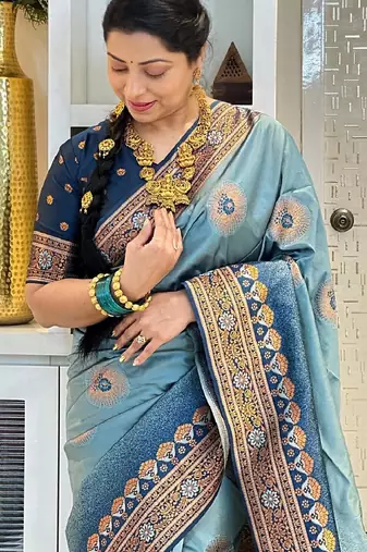 sky blue  soft art silk blend banarasi jacuard work designer party wear saree with unstitched blouse piece