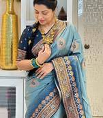 sky blue  soft art silk blend banarasi jacuard work designer party wear saree with unstitched blouse piece