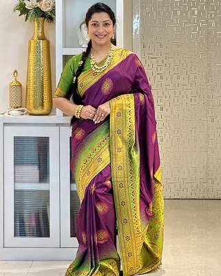 wine mehendi silk blend banarasi saree with unstitched blouse piece 2
