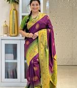 wine mehendi  soft art silk blend banarasi jacuard work designer party wear saree with unstitched blouse piece