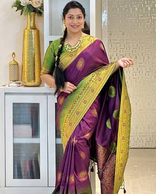 wine mehendi silk blend banarasi saree with unstitched blouse piece 3