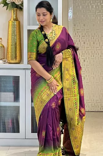 wine mehendi silk blend banarasi saree with unstitched blouse piece