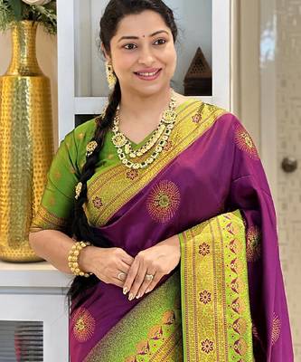 wine mehendi silk blend banarasi saree with unstitched blouse piece 1