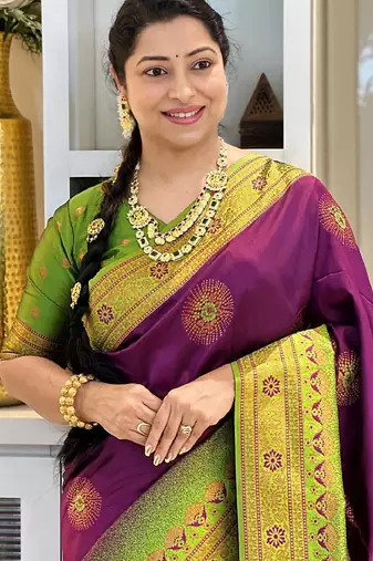 wine mehendi  soft art silk blend banarasi jacuard work designer party wear saree with unstitched blouse piece