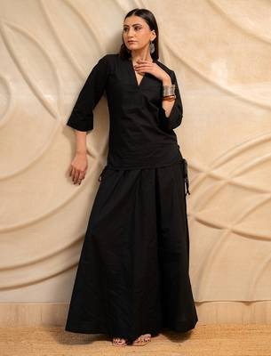Black ethnic v-neck top & flowing skirt set of 2 1