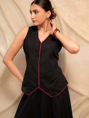 black sleeveless v-neck top with flared skirt set of 2 2