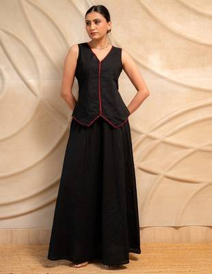 black sleeveless v-neck top with flared skirt set of 2 5