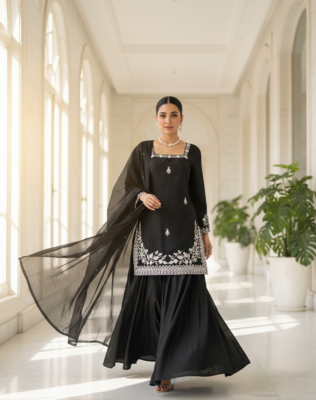 Black Palazzo Set With Dupatta Embroidered Palazzo 1