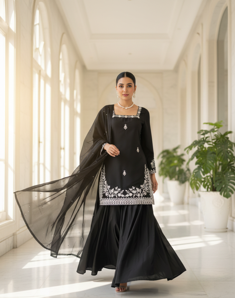 Black Palazzo Set With Dupatta Embroidered Palazzo