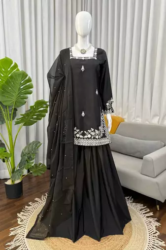 Black Palazzo Set With Dupatta Embroidered Palazzo
