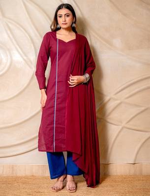 Wine solid kurta with blue pants & dupatta  set of 3 1