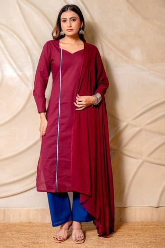 Wine solid kurta with blue pants & dupatta  set of 3