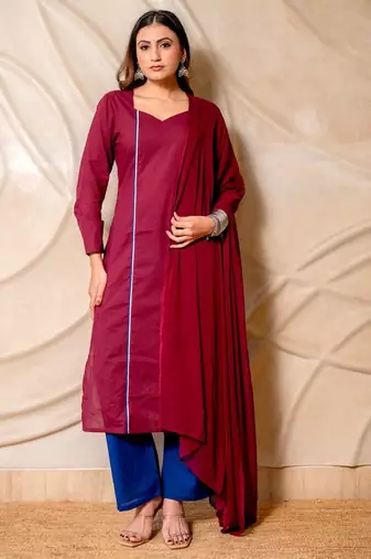 Wine solid kurta with blue pants & dupatta  set of 3