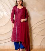Wine solid kurta with blue pants & dupatta  set of 3