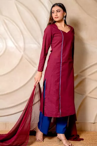 Wine solid kurta with blue pants & dupatta  set of 3