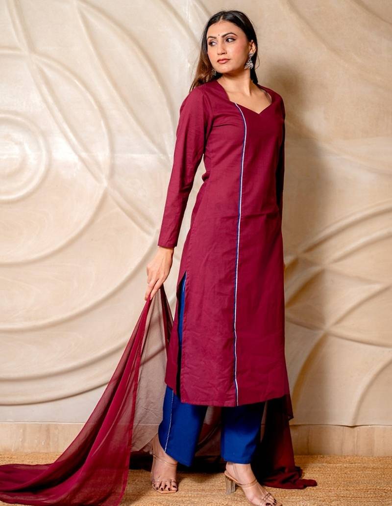 Wine solid kurta with blue pants & dupatta  set of 3