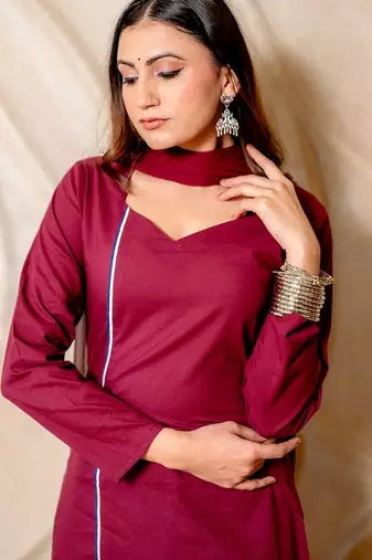 Wine solid kurta with blue pants & dupatta  set of 3