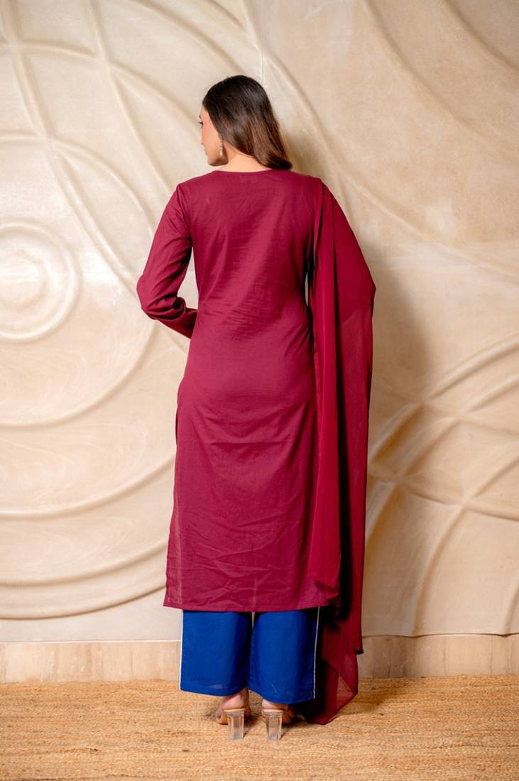 Wine solid kurta with blue pants & dupatta  set of 3